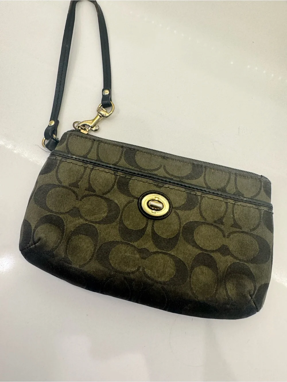 Coach Olive Signature Canvas Wristlet with Black Strap and Gold Turnlock